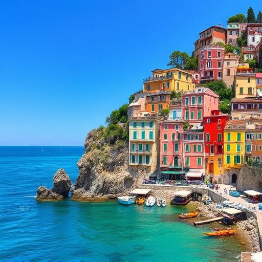 A breathtaking view of the Amalfi Coast with colorful houses clinging to the cliffs overlooking the turquoise sea.