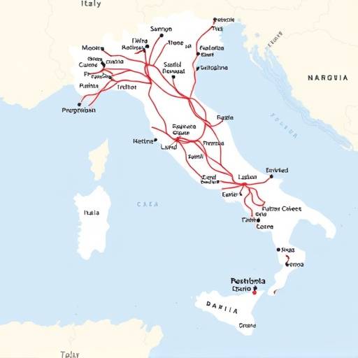 A detailed map of Italy with highlighted destinations and travel routes