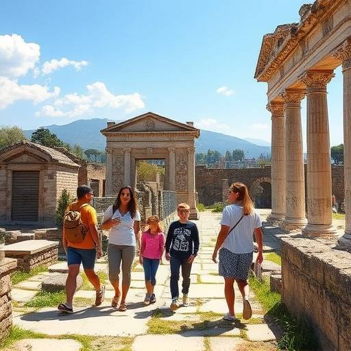 A family exploring the ruins of Pompeii together