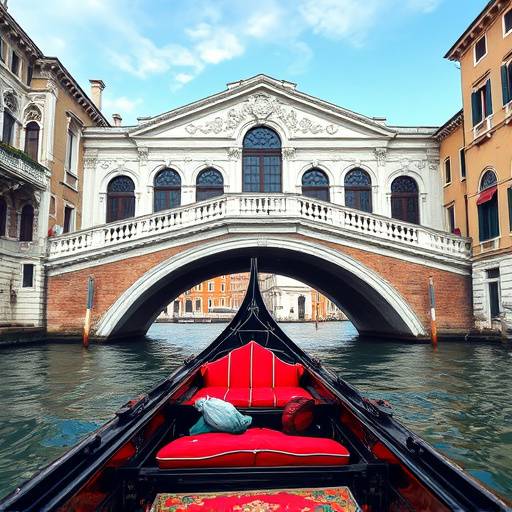A gondola ride on the canals of Venice, passing under a historic bridge