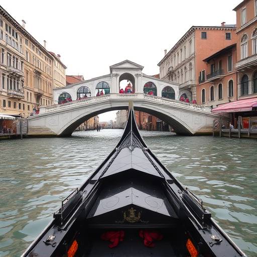 A gondola sailing under the Rialto Bridge in Venice