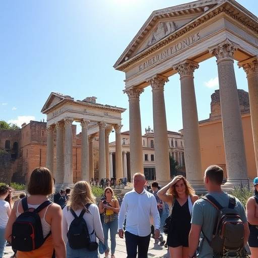 A group of tourists exploring the Roman Forum with a guide
