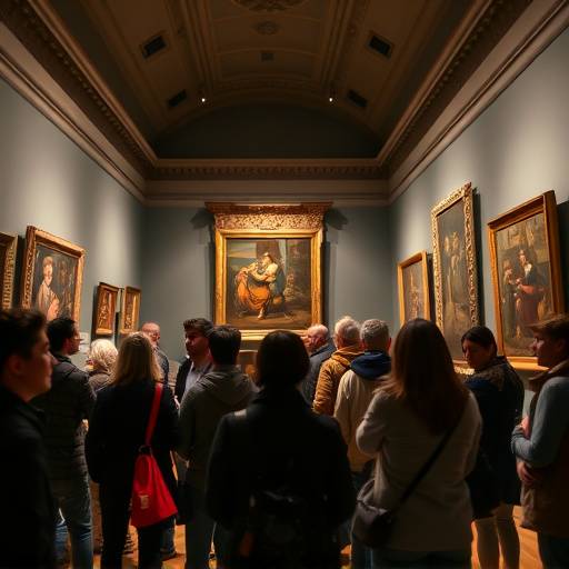 A guided tour group admiring Renaissance art in the Uffizi Gallery in Florence