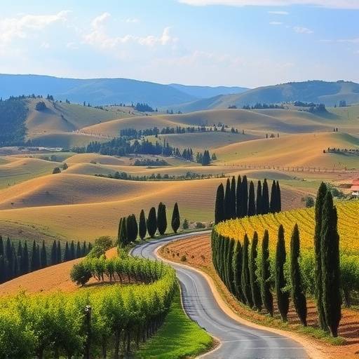 A panoramic view of the Tuscan countryside with rolling green hills, vineyards, and a cypress tree-lined road leading to a hilltop farmhouse.
