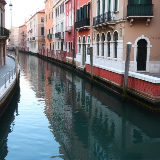 A quiet canal in Venice with colorful buildings reflected in the water, away from the crowded tourist areas.