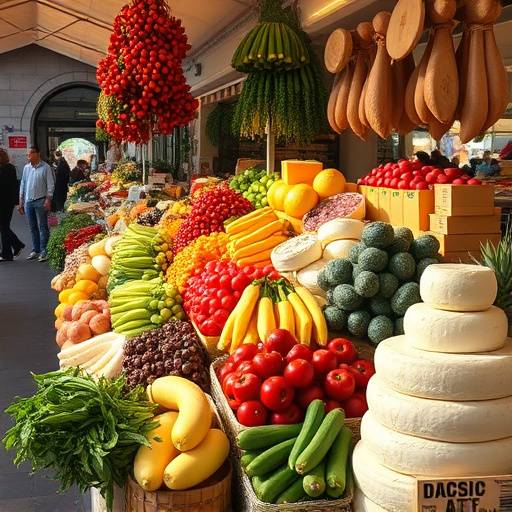 A vibrant marketplace in Bologna overflowing with fresh produce, cheeses, and cured meats.