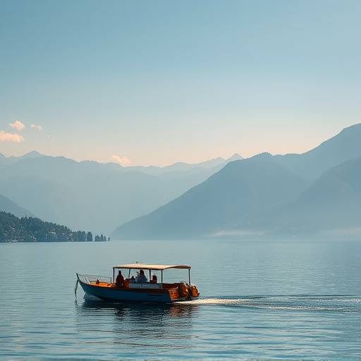 Lake Como, with mountains in the background and a boat on the lake