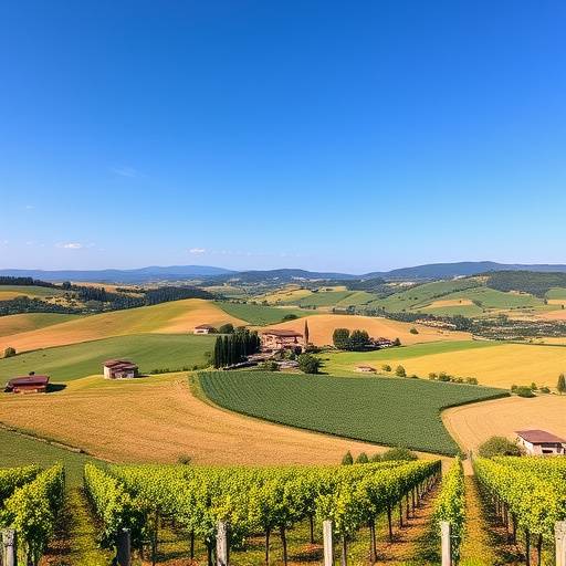 Rolling hills and vineyards in Tuscany, under a clear blue sky