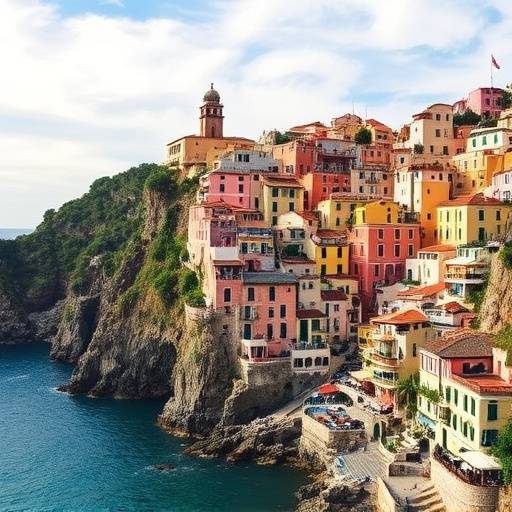 The colorful houses of the Amalfi Coast clinging to the cliffs overlooking the sea.