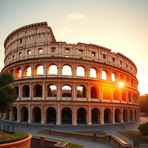 The Colosseum in Rome, bathed in golden light during sunset