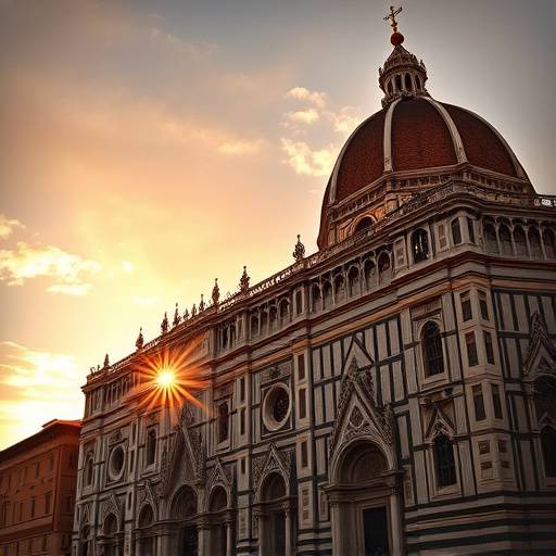 The Florence Cathedral (Duomo) with its iconic dome and intricate marble facade, bathed in the golden light of sunset.
