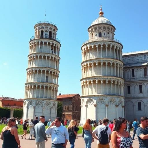 The Leaning Tower of Pisa in Pisa, with tourists taking photos