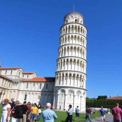 The Leaning Tower of Pisa, tilting against a bright blue sky, surrounded by tourists.