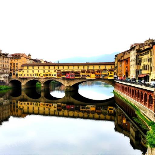 The Ponte Vecchio in Florence, lined with shops and reflecting on the Arno River.