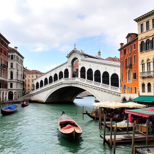 The Rialto Bridge in Venice, bustling with activity and offering stunning views of the Grand Canal.
