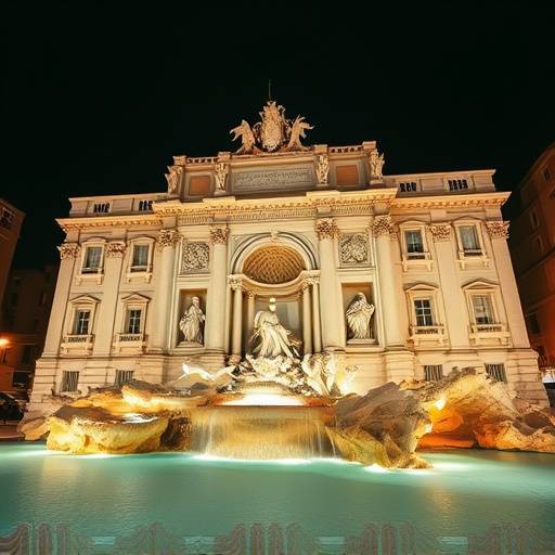 The Trevi Fountain in Rome, overflowing with water and coins, illuminated at night.